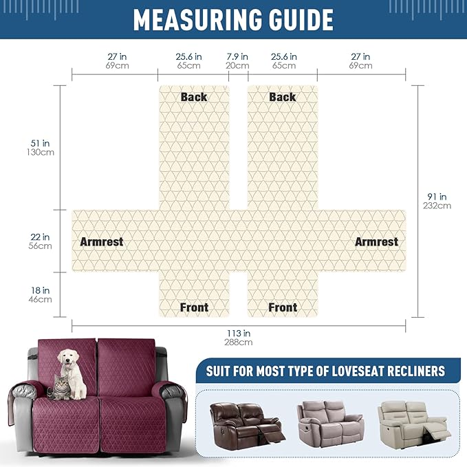 TAOCOCO 100% Waterproof Loveseat Recliner Cover-Recliner Cover with Non-Slip Granule, Recliner Chair Covers with Elastic Band,Washable Recliner Chair/Furniture Protector for Pets(Wine, 2 Seater)