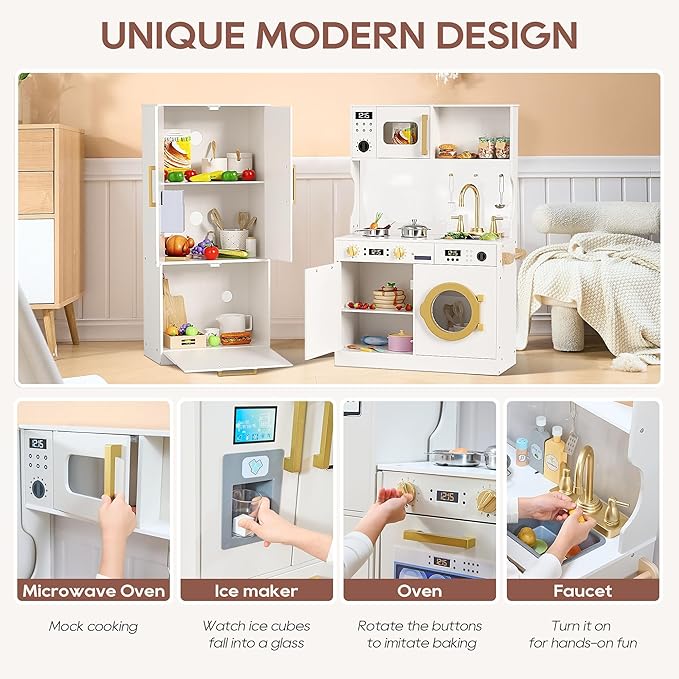 Kids Kitchen Playset with Realistic Design, Luxury Play Kitchen with Extended Storage Cabinets, Toy Kitchen for Toddlers with Coffee Counter, Cookware Accessories, Oven, Microwave (White)