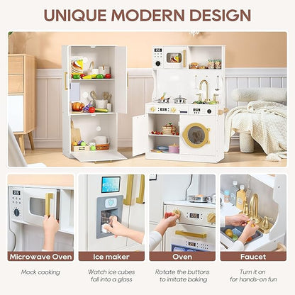 Kids Kitchen Playset with Realistic Design, Luxury Play Kitchen with Extended Storage Cabinets, Toy Kitchen for Toddlers with Coffee Counter, Cookware Accessories, Oven, Microwave (White)