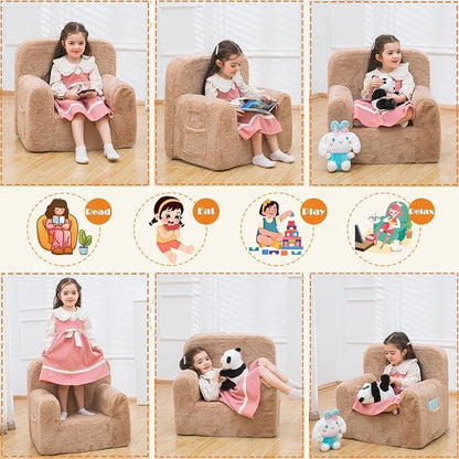 Snuggly-Soft Cuddly Toddler Plush Armchair for Boys and Girls Fuzzy Plush Kids Sofa Couch Reading Chair with Children Friendly Handle for Easy Movement & Double Pockets for Good Storage, Camel