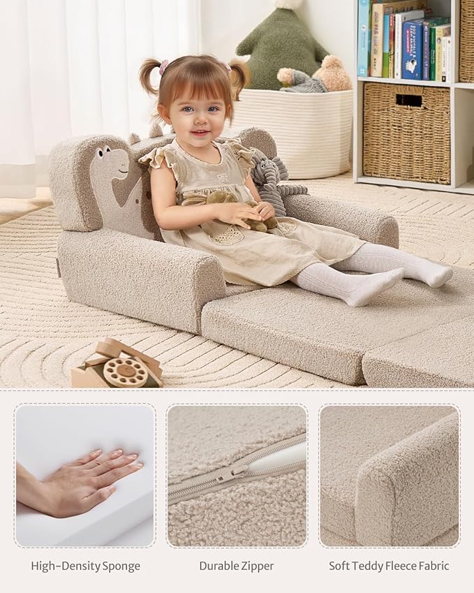 Blissful Diary Kids Couch, 2-in-1 Soft Toddler Couch Fold Out, Toddler Chair Comfy, Convertible Sofa to Lounger with Cute Dinosaur Designs, Pale Khaki