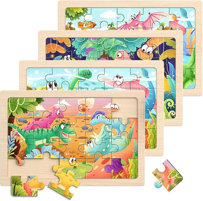 Zeoddler Wooden Puzzles for Kids 3-5, 4 Pack Dinosaur Jigsaw Puzzles for Toddlers, 20 Pieces Preschool Learning Activities, Learning & Educational Puzzles, Gift for Boys, Girls