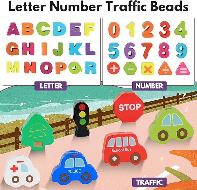 BMTOYS Wooden Lacing Toy Alphabet Number Threading Beads for Boys Girls Age 3 4 5 6 Montessori Educational Learning Birthday Gift