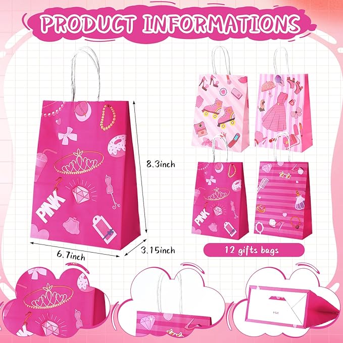 96 Pcs Pink Party Favors Hot Pink Princess Party Gifts Set Include Tattoos, Bracelets, Keychains, Badges, Toy Stamps, Straws, Gifts Bags, Bubble Water for Hot Pink Girls