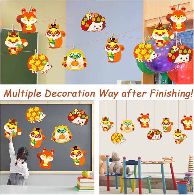 Qyeahkj 36 Sets Fall DIY Art Craft Kits Hedgehog Squirrel Ornaments Art Sets Fall Leaf Stickers Arts and Crafts Bulk for Kids Thanksgiving Classroom Activities Party Decorations
