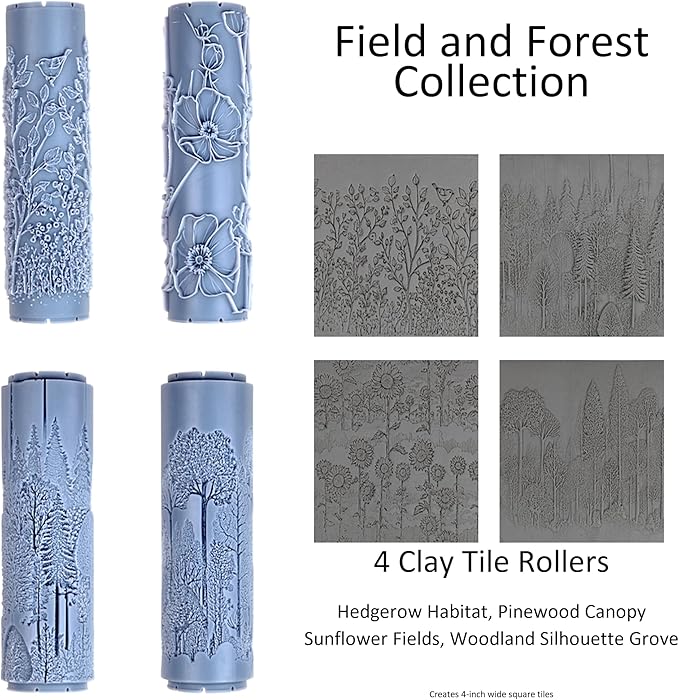 Field and Forest Collection 4-Pack Clay Texture Rollers (4") - Seamless Meadow Set #01 - Embossing Pattern Rollers for Polymer & Ceramic Clay, Pottery & Crafts