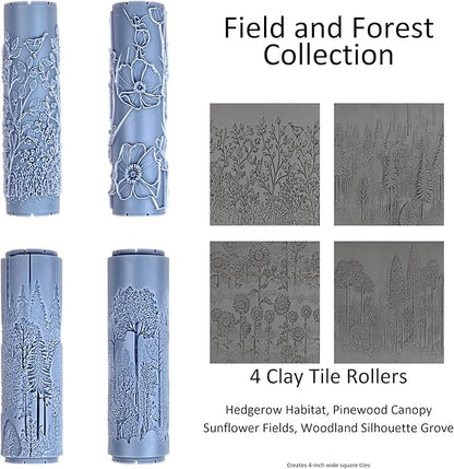 Field and Forest Collection 4-Pack Clay Texture Rollers (4") - Seamless Meadow Set #01 - Embossing Pattern Rollers for Polymer & Ceramic Clay, Pottery & Crafts
