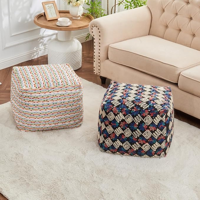 Unstuffed Pouf Ottoman Cover Storage Bean Bag Cube Foot Rest Footstool Floor Pillow Farmhouse Cushion for Living Room, Bedroom, Nursery, Kidsroom, Nook
