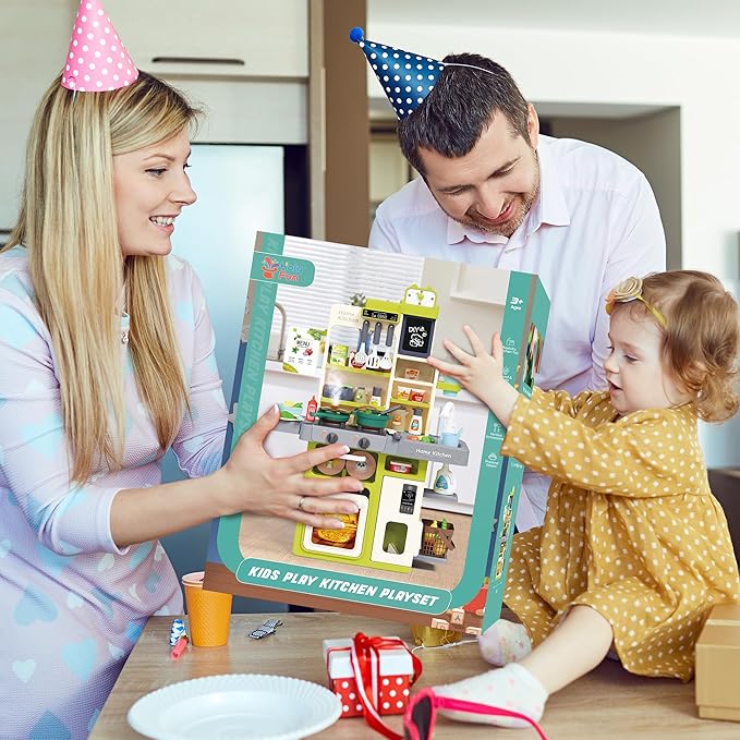 HOLYFUN Kids Kitchen Playset, Pretend Play Kitchen with Sounds and Lights, Cooking Stove Steam,Play Sink and Play Food,Toy Kitchen Set for Kids Toddlers, Green