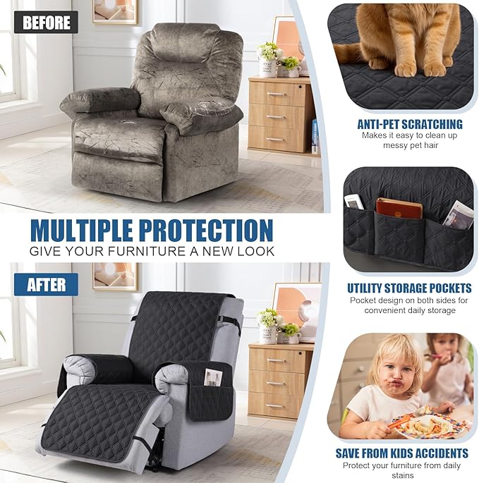 TAOCOCO 100% Waterproof Recliner Covers, Recliner Sofa Covers with Leg Straps, Reversible Recliner Couch Cover for Reclining Chair, Washable Couch Protector for Pets Kids(1 Seater 28", Black)