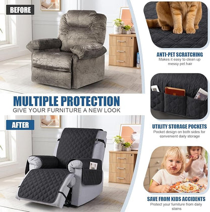 TAOCOCO 100% Waterproof Recliner Covers, Recliner Sofa Covers with Leg Straps, Reversible Recliner Couch Cover for Reclining Chair, Washable Couch Protector for Pets Kids(1 Seater 28", Black)