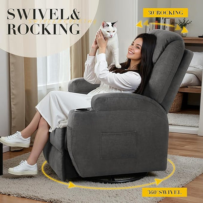 Recliner Chair, 360° Swivel Rocker Chair for Adults, Rocking Recliner Chair with Massage, Comfy Single Sofa with Side Pockets Cup Holders for Living Room, Bedroom, Nursery (Fabric, Gray)