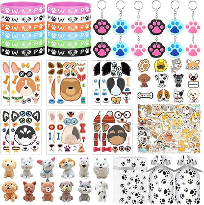 122Pcs Dog Party Favors Gift Set for Kids Dog Birthday Party Supplies Include 12 Dog DIY Face Stickers 12 Dog Bags 12 Keychains 12 Bracelets 50 Stickers for Puppy Party Favors