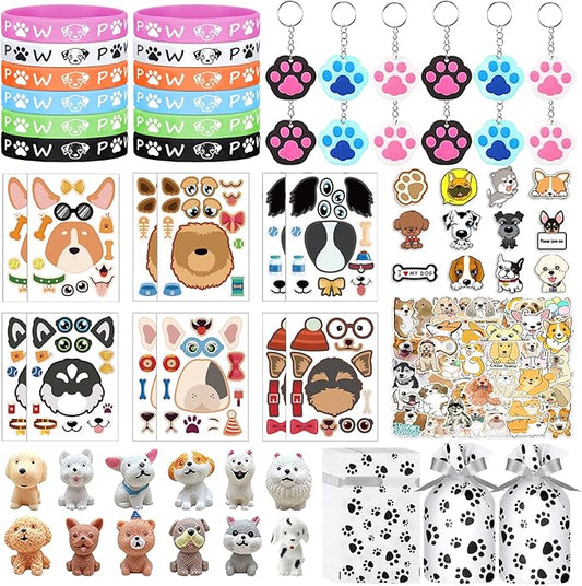 122Pcs Dog Party Favors Gift Set for Kids Dog Birthday Party Supplies Include 12 Dog DIY Face Stickers 12 Dog Bags 12 Keychains 12 Bracelets 50 Stickers for Puppy Party Favors