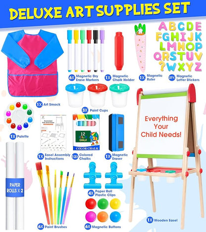 Art Easel for Kids, 3 in 1 Adjustable Double Sided Kids Easel with Magnetic Whiteboard, Chalkboard, 2 Paper Rolls and Accessories, All in One Wooden Toddler Easel, Art Easel for Kids Ages 2-4 4-8 8-12