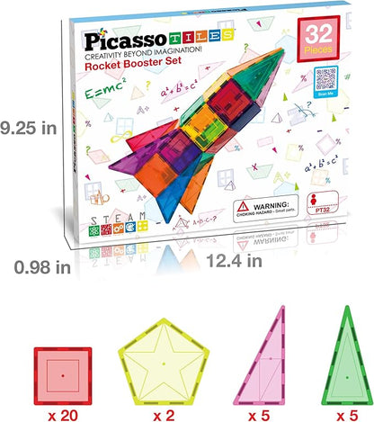 PicassoTiles Magnetic Building Block Rocket Booster Theme Set Magnet Construction Toy Educational Kit Engineering STEM Learning Playset Child Brain Development Stacking Blocks Playboard PT32