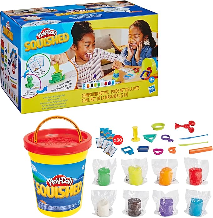 Play-Doh Squished Creative Challenge Set with 4 Activities for Kids 5 Years and Up, 30 Challenge Cards, Mega Can with 8 Modeling Compound Colors