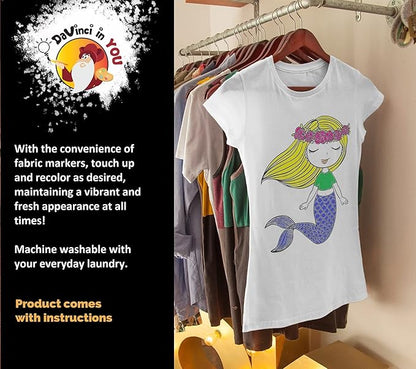 Coloring Shirt for Girls - Kit with 10 Fabric Markers and Alphabet Stencil (Mermaid, 8/9)