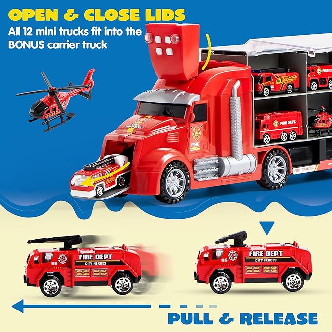 JOYIN 25 in 1 Fire Truck Vehicle Toy Set with Sounds and Lights, Fire Engine Vehicles in Carrier Truck, Mini Rescue Emergency Car Toy, Birthday Gifts for Over 3 Years Old Boys, Easter Basket