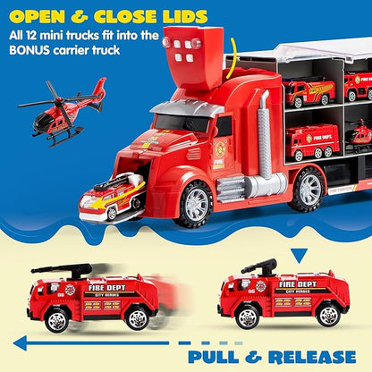 JOYIN 25 in 1 Fire Truck Vehicle Toy Set with Sounds and Lights, Fire Engine Vehicles in Carrier Truck, Mini Rescue Emergency Car Toy, Birthday Gifts for Over 3 Years Old Boys, Easter Basket