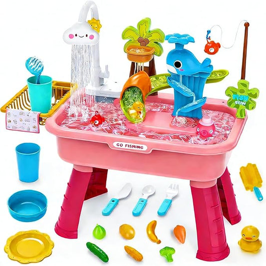 Upgraded Toddler Sand Water Table Toy with Electric Water Pump, Kids Sand Water with Faucet/Play Food Accessories/Fishing Toy, Kitchen Play Sink Toys for Girl Boy Age 3+