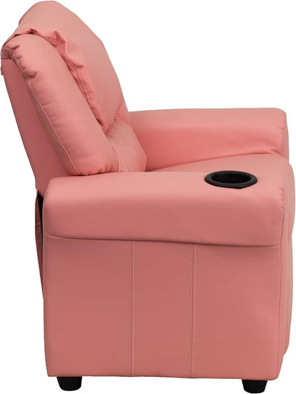 Flash Furniture Vana Vinyl Kids Recliner with Cup Holder, Headrest, and Safety Recline, Contemporary Reclining Chair for Kids, Supports up to 90 lbs., Pink