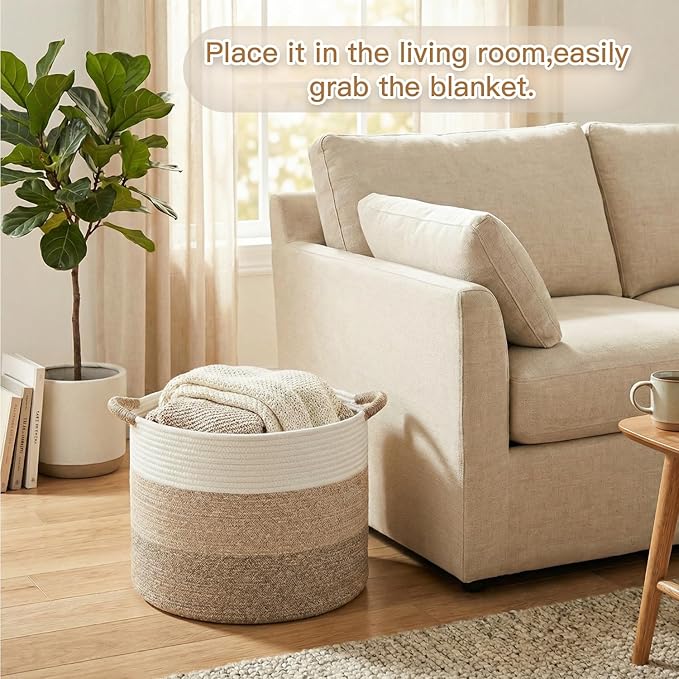 Artfeel 40L Large Cotton Rope Basket, Decorative Woven Blanket Storage for Living Room, Boho Toy Storage & Toy Box for Kids, Versatile Laundry Basket & Nursery Hamper for Blankets(Brownyellow)