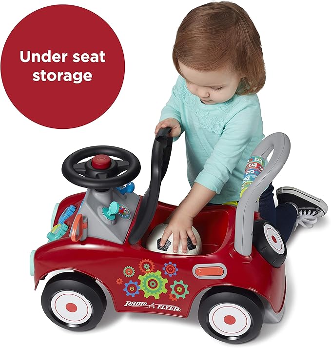 Radio Flyer Busy Buggy, for Toddlers 1-3, 3-in-1 Push Walker Ride On Car with 17 Sensory Activities, Anti-Tip Feature, Under-Seat Storage, Horn and Gears, 42 lb Capacity, Toddler Ride On Toys