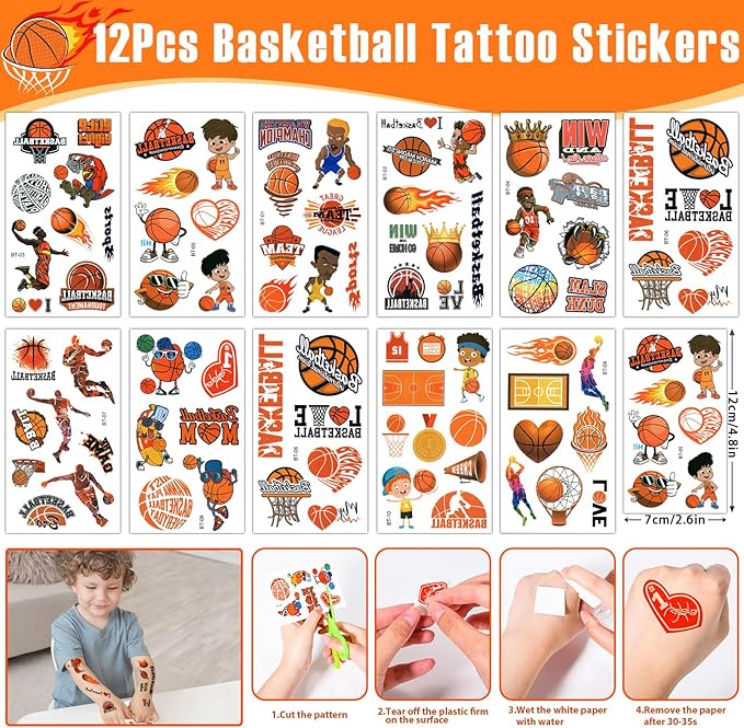 12Sets Basketball Party Favors Birthday Supplies Boy Kid, Tote Bag Silicone Bracelet Keychain Tattoo Sticker Basketball Favors Pinata Filler Goodie Bag Stuffers Basketball Birthday Party Supplies