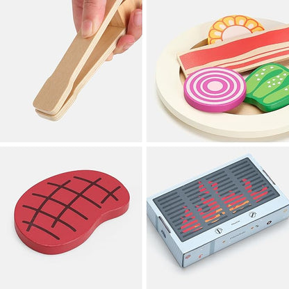 Play Food, Wooden Play Kitchen Food, Toy Food for Toy Kitchen and Grill, 24 Pcs Toddler Pretend Play with Play Dishes, Food Toys for Toddlers Boys Girls Ages 3+