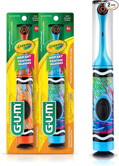 GUM Crayola Power Toothbrush for Kids, Extra Soft Bristled Toddler Toothbrushes, Travel Cap + Suction Cup Base, Batteries Included, 1ct (Pack of 2)
