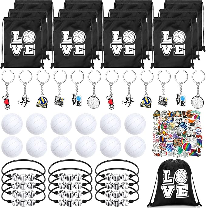 Capoda 98 Pcs Volleyball Party Favors Volleyball Team Gift 12 Pcs Keychain 12 Packs Sports Stress Ball 12 Pcs Small Drawstring Bag 12 Pcs Bracelets 50 Pcs Sticker