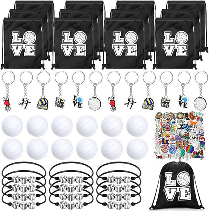 Capoda 98 Pcs Volleyball Party Favors Volleyball Team Gift 12 Pcs Keychain 12 Packs Sports Stress Ball 12 Pcs Small Drawstring Bag 12 Pcs Bracelets 50 Pcs Sticker