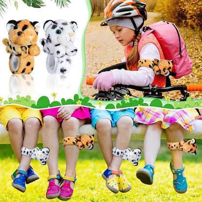 Sosation 6 Pcs Stuffed Animal Slap Bracelets for Kids Hug Slap Bracelet Bulk Tiger Leopard Stuffed Animal Plush Kids Toy for Halloween Birthday Gifts Party Favors(Leopard Style)