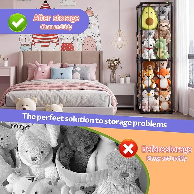 Stuffed Animal Storage, Kids Toy Zoo Storage Organizer with Elastic Band, Thicken PVC Tube Large Stuffed Animals Holder for Nursery Playroom Bedroom Room Furniture Plush Storage-Black