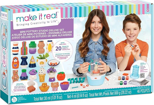 Make It Real Mini Pottery Studio Deluxe Set - DIY All-in-1 Sculpting Craft Kit for Kids & Tweens - Create 20 Unique Miniature Clay Projects - No Mess, No Bake, Quiet Wheel - All Skill Levels Ages 8