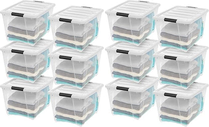 IRIS USA 12-Pack 54 Quart Stackable Storage Bins with Lids [Made in USA] - Everyday Organizer Latching Clear Plastic Organization Containers Closet Bedroom Shelving Units Home Storage - Clear/White