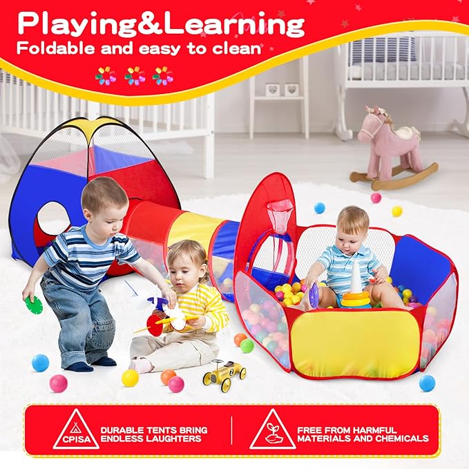 GeerWest 3 in 1 Kids Play Tent for Toddler with Baby Ball Pit and Play Tunnel, Children Indoor Outdoor Playhouse with Climbing Tunnel Toy for Toddlers, Boys and Girls Best Birthday Gifts（No Balls）