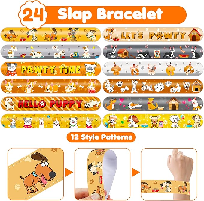 48PCS Dog Party Favors - 24PCS Tattoos & 24PCS Snap Bracelets - Puppy-Themed Birthday Supplies, Cute Decorations, Classroom Prizes, Gifts for Kids