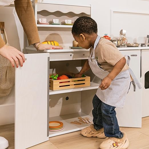 ECR4Kids Play Kitchen Storage Cupboard, Wooden Playset, White Wash