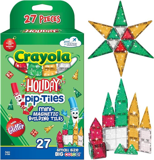 CreateOn Crayola Holiday Glitter Mini PIP Magnetic Tiles, Magnetic Kids’ Building Toys, STEM Learning Travel Toys for Boys and Girls, 27-Piece Set