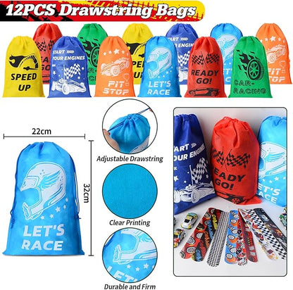 122 PCS Race Car Party Favors, Racing Birthday Party Favors with Pull Back Cars Drawstring Bags Slap Bracelet Keychain Stamper Tattoo Stickers, Racecar Theme Party Supplies Goodie Bag for Boys Kids