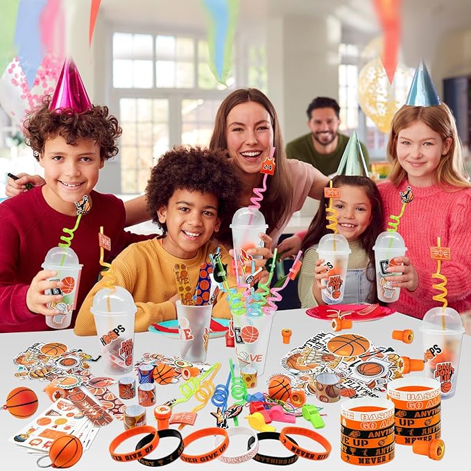 146 Pcs basketball Party Favors, Sports Party Supplies with Cup Straw Basketball Keychain Tattoo Sticker Slap Bracelet Whistle Treat Bag Fillers for Classroom Rewards Birthday Party (Basketball)