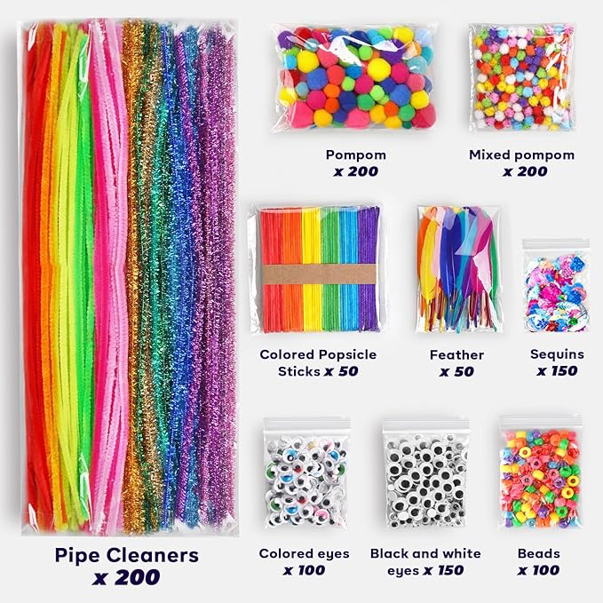 FUNZBO 1200pcs+ Arts and Crafts Supplies for Kids- Craft Kits with St Patricks Day Pipe Cleaners, Pom Poms for Crafts, Popsicle Sticks for Crafts, Crafts for Kids Ages 4-8 Girls & Boys