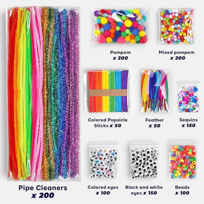 FUNZBO 1200pcs+ Arts and Crafts Supplies for Kids- Craft Kits with St Patricks Day Pipe Cleaners, Pom Poms for Crafts, Popsicle Sticks for Crafts, Crafts for Kids Ages 4-8 Girls & Boys