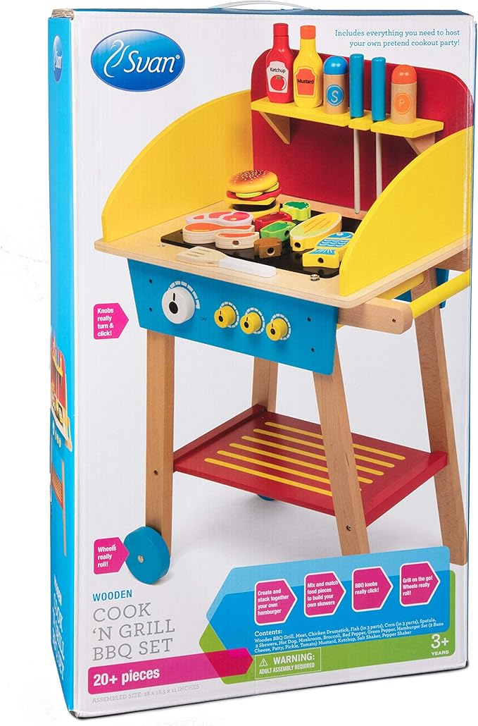 Cook 'N Grill Wood Toy BBQ Set- Pretend Play Wooden Barbeque Food & Grilling Tools for Kids, 30+ Pieces Feat Spatula, Burger & More, Fun Indoor Activity Playset, Daycare, Playroom Centers or Gift