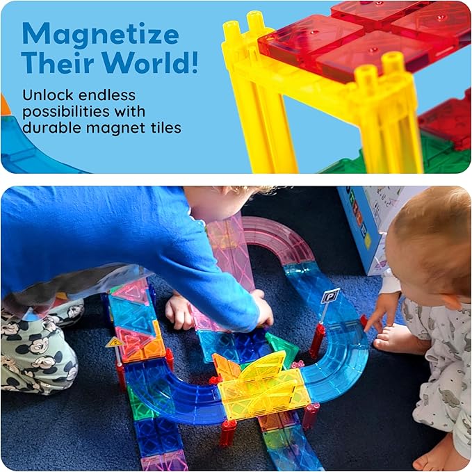 PicassoTiles 80 Piece Race Car Track Building Block Educational Toy Set Magnetic Tiles Magnet DIY Playset 2 Light Up Car STEM Learning Construction Kit Hand-Eye Coordination Fine Motor Skill Training