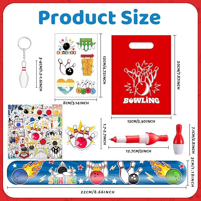 110 Pcs Bowling Party Favors, Bowling Party Favors Bags Temporary Tattoos Slap Bracelets Keychains Stickers Ballpoint Pen for Bowling Birthday Party Decorations Gifts for Kids Classroom Rewards