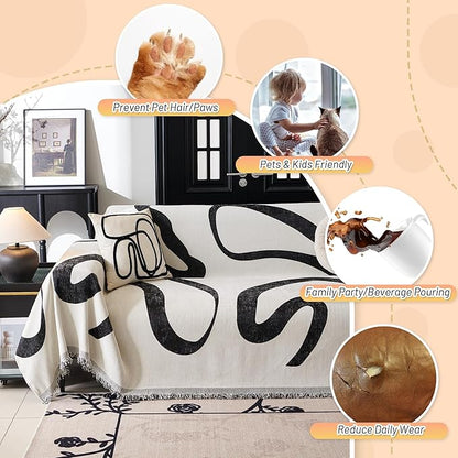 MYSKY HOME Couch Cover for 3 Cushion Couch Sofa Cover, Super Soft Boho Couch Covers for Dogs Washable, Jacquard Sofa Slipcover Furniture Protector for Living Room, 91" x 150", Black Curve