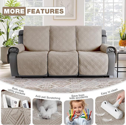 TAOCOCO 100% Waterproof Recliner Sofa Covers 3 Seater, Split Couch Covers for Reclining Couches for Kids Pets, Non Slip Reclining Couch Covers Furniture Protector with Straps(3 Seater, Cream)